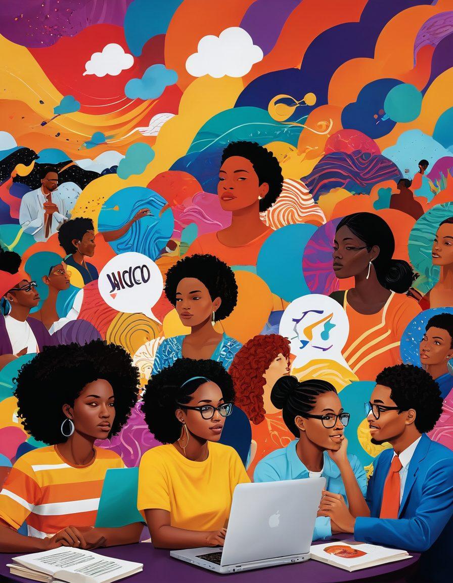 A dynamic collage of diverse individuals passionately expressing themselves through various art forms like painting, writing, and music in a vibrant landscape filled with colorful speech bubbles and sound waves. Each figure represents different cultures and backgrounds, showcasing unity in creativity. The background features stylized elements of a bustling blogosphere, such as laptop screens and social media icons. super-realistic. vibrant colors. digital art.