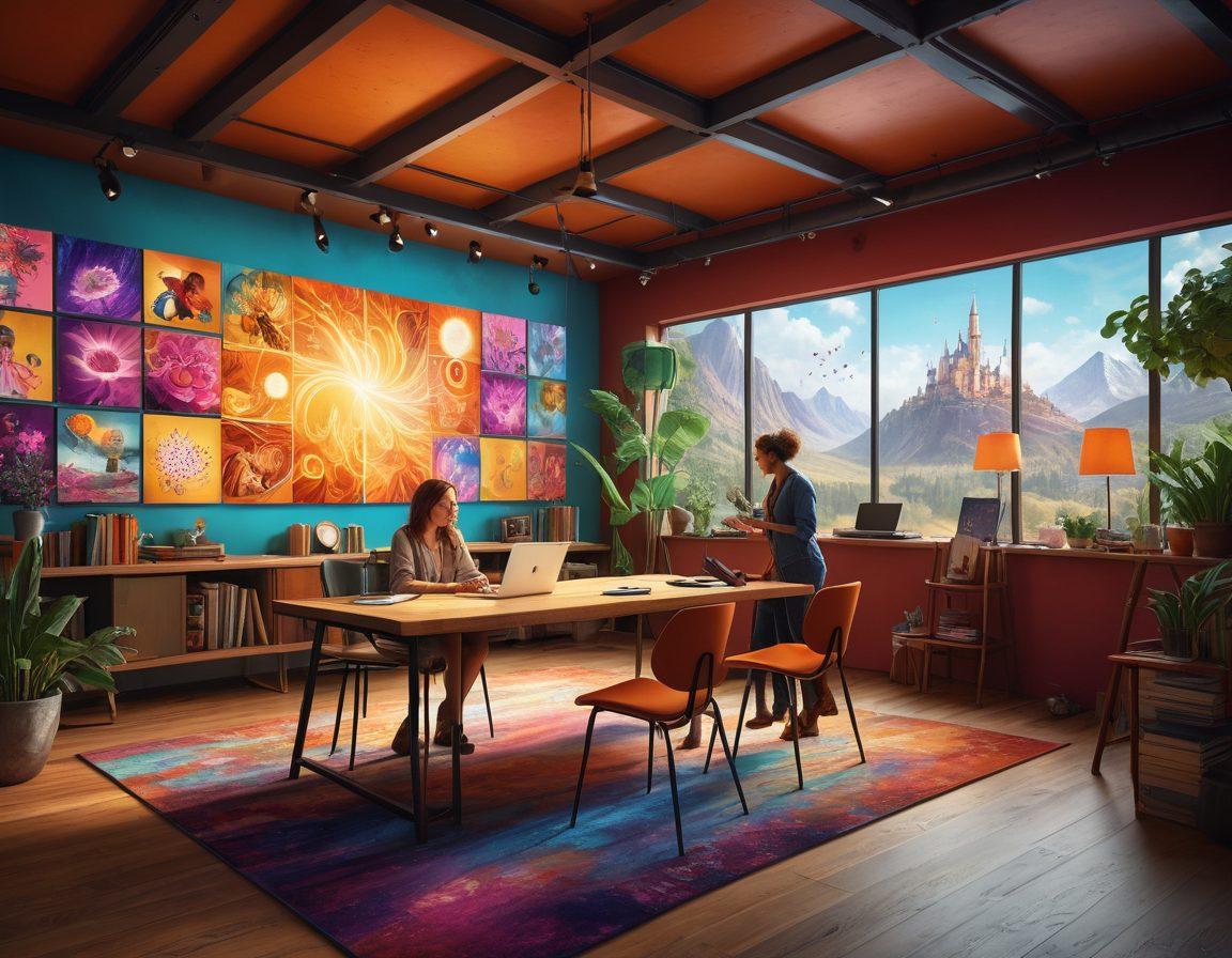 A captivating digital canvas showing a diverse group of storytellers in a vibrant studio, immersed in creating engaging content across multiple screens, surrounded by colorful storyboards and digital art. Include elements representing various digital media such as video, blogs, and social media, intertwined with whimsical storytelling motifs like books and fairy tale icons. The atmosphere should be lively and inspiring, showcasing creativity and collaboration. super-realistic. vibrant colors. 3D.