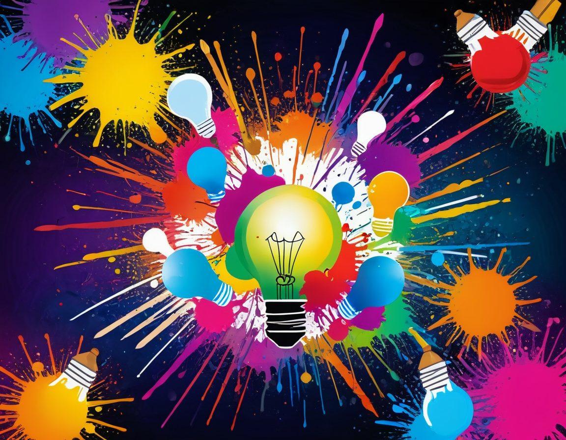 A vibrant, swirling explosion of colorful paint splatters representing creativity, scattered ideas in the form of lightbulbs, pencils, and notebooks emerging from the paint. The background should be a soft gradient to enhance the focal point, with whimsical doodles floating around to signify inspiration. Bright colors that evoke energy and enthusiasm. digital art. vibrant colors. abstract style.